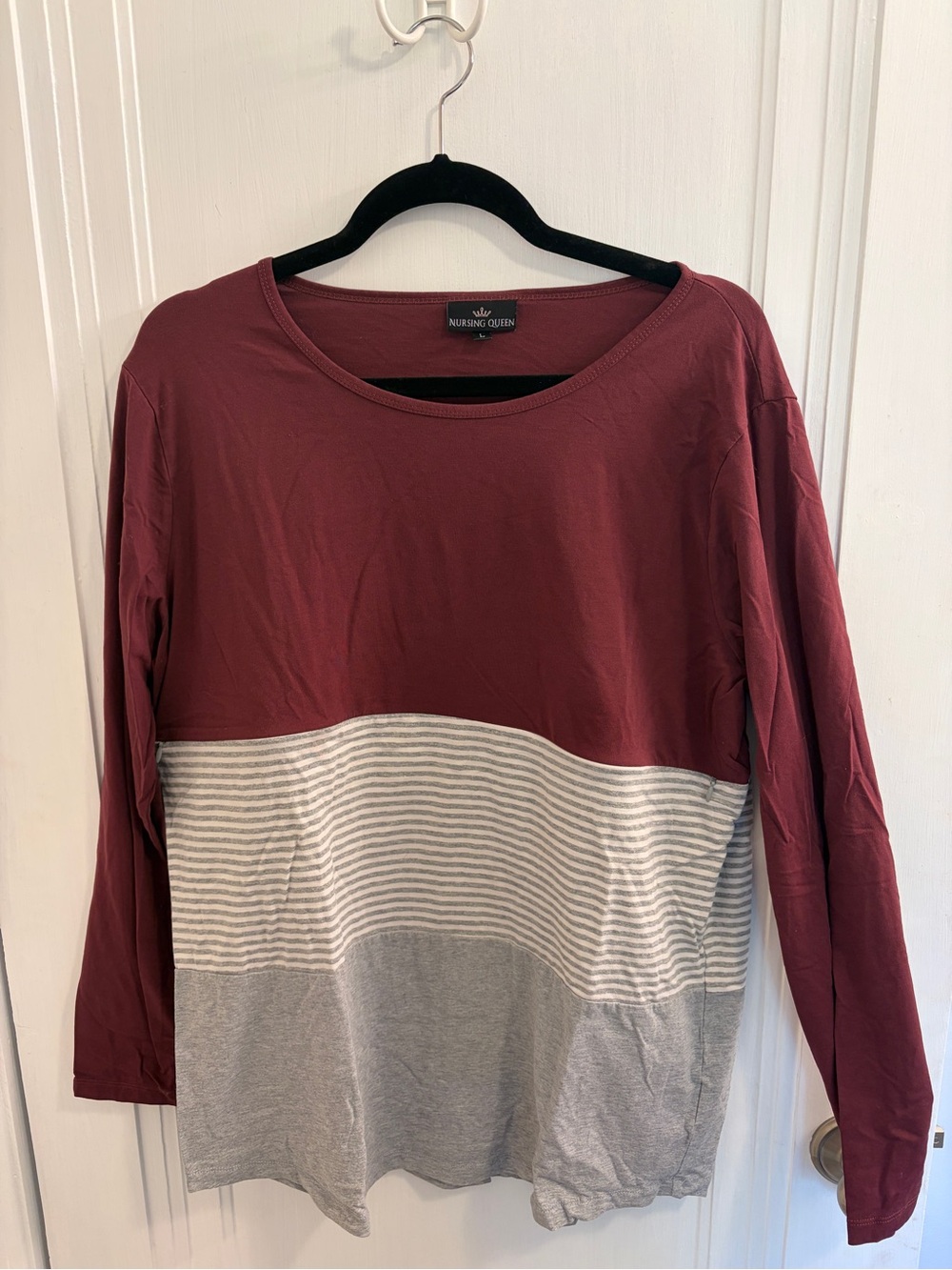 Nursing Queen Maroon and Light Gray Striped Colorblock Long Sleeve Tee